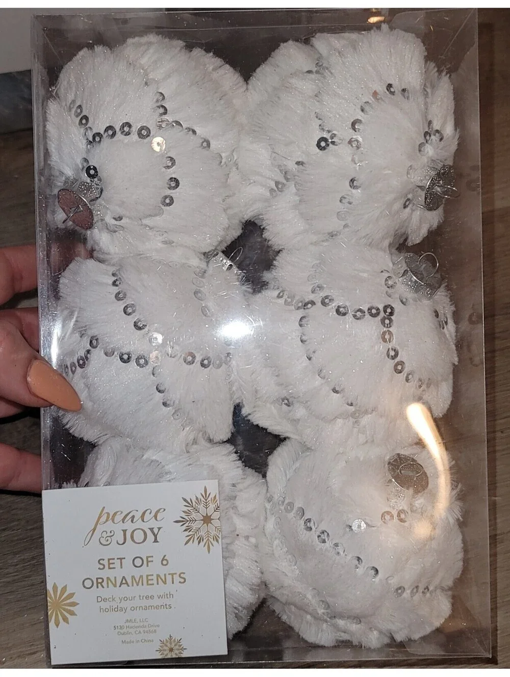 PEACE & JOY WHITE FUZZY & SILVER SEQUINS EMBELLISHED TREE ORNAMENTS SET OF 6 NIB